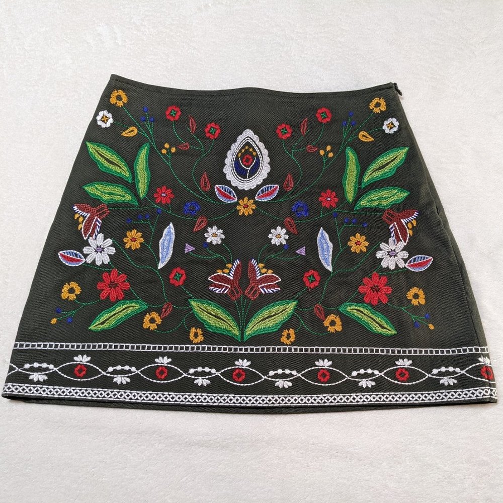 Army Green Denim Skirt Embroidered with Flowers by Ark n Co - size S